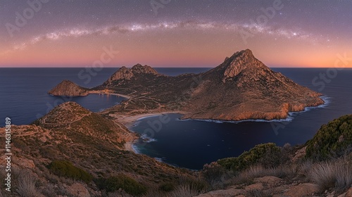 Breathtaking panoramic view of a secluded coastal cove at twilight, under a mesmerizing starry sky showcasing the Milky Way.