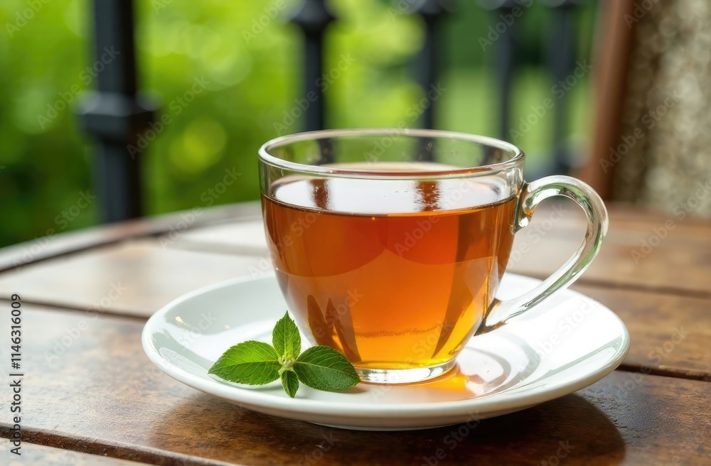 Tea with sage and green leaves is served on the terrace Tea with sage and green leaves is served on the terrace