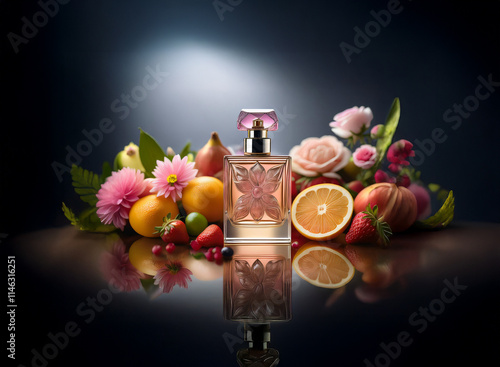 Elegant perfume bottle,  pink and gold, surrounded by vibrant fruits and flowers, reflecting on a dark surface.  A luxurious, floral fruity fragrance is suggested. photo