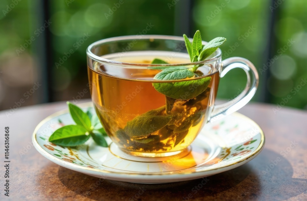 Tea with sage and green leaves is served on the terrace Tea with sage and green leaves is served on the terrace
