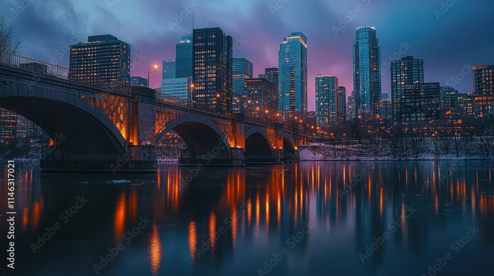 Naklejka premium cityscape at dusk bridge and river reflection