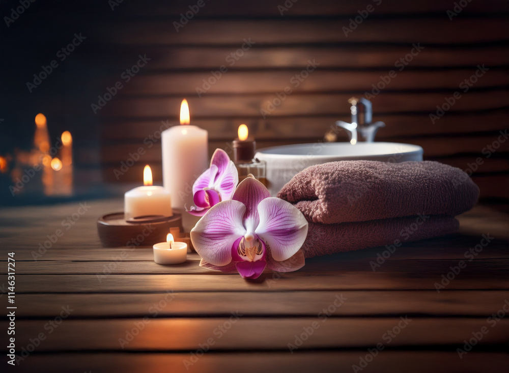 Serene spa setting: lit candles, orchid blossoms, and soft towels rest on a wooden surface near a basin. Warm, inviting ambiance of relaxation and tranquility. Serene spa setting: lit candles, orchid blossoms, and soft towels rest on a wooden surface near a basin. Warm, inviting ambiance of relaxation and tranquility.