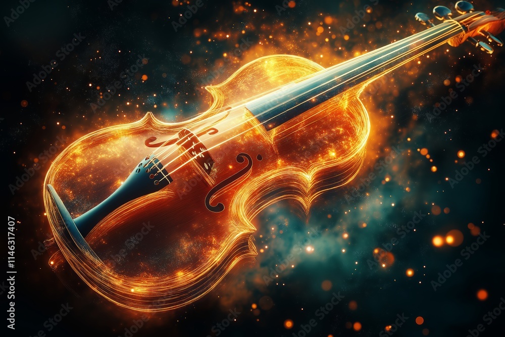 Fototapeta premium Violin illuminated by vibrant energy with swirling colors and dynamic light