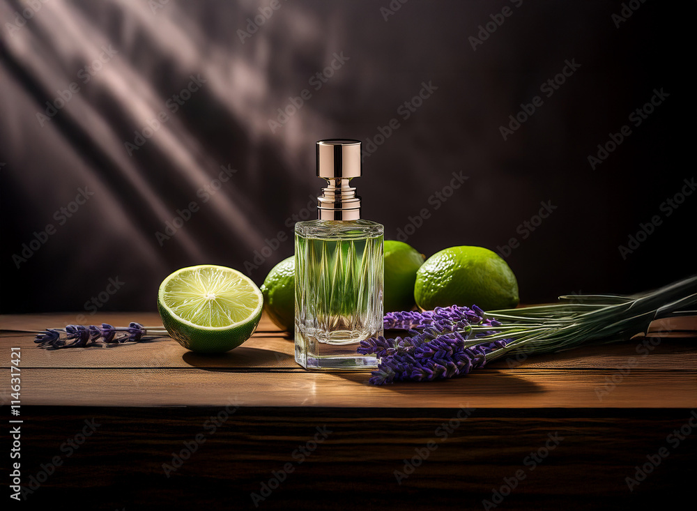 Elegant perfume bottle with a citrus and lavender scent sits on a wooden surface, bathed in soft light. The scene is styled with limes and lavender sprigs. Elegant perfume bottle with a citrus and lavender scent sits on a wooden surface, bathed in soft light. The scene is styled with limes and lavender sprigs.