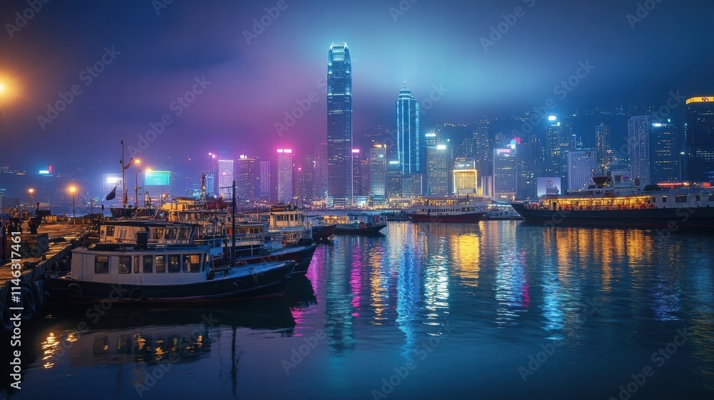 Naklejka premium hong kong night harbor skyline