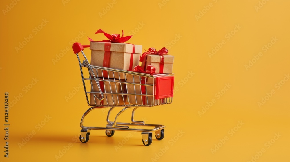 Red shopping cart with gift boxes on a vibrant yellow background Red shopping cart with gift boxes on a vibrant yellow background