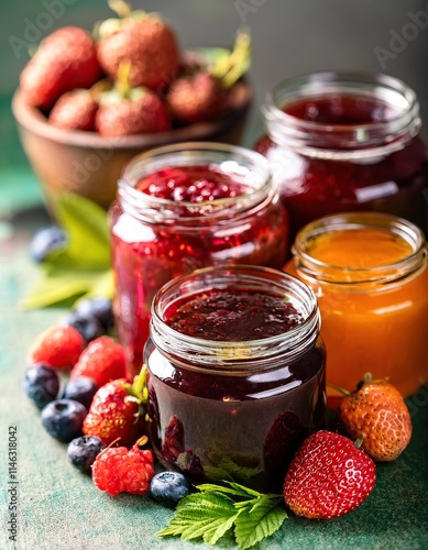 Homemade assortment of berry and fruit jams in jars. Summer harvest in sweet preserves, confitures or jams photo