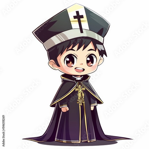 A cute cartoon illustration of a young priest wearing a black robe and a mitre.