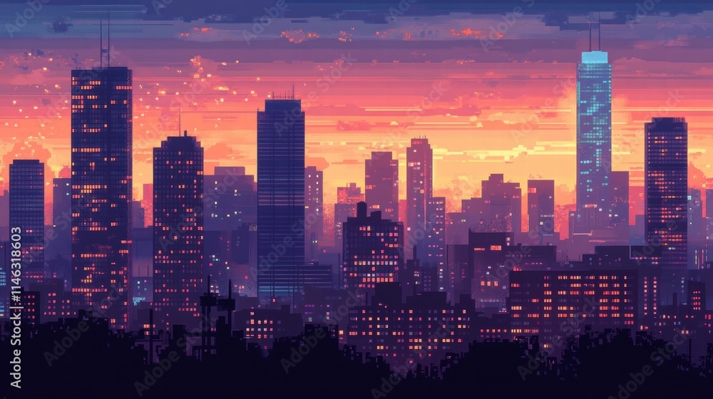 Fototapeta premium pixel art cityscape sunset
