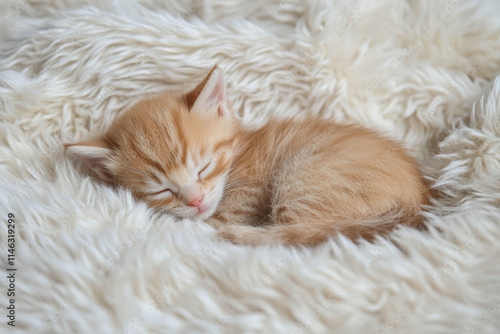 Cute little red kitten sleeps on fur white blanket. Cute little red kitten sleeps on fur white blanket.