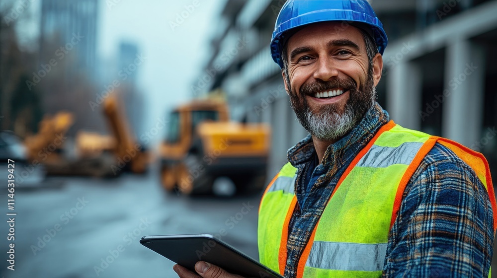 Happy male construction worker wears a reflective safety vest and hard hat while using a tablet on a construction site Happy male construction worker wears a reflective safety vest and hard hat while using a tablet on a construction site