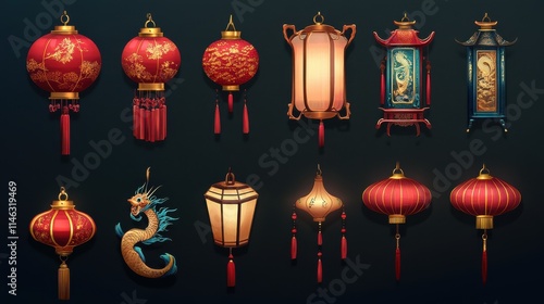 Chinese New Year Icons vector set. Chinese paper lantern and red lamp isolated icons of Asian Lunar New Year holiday decoration vector. Oriental culture tradition illustration.