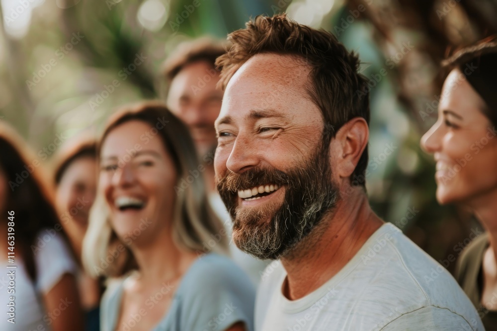 Portrait of a happy man with a beard and a group of people in the background Portrait of a happy man with a beard and a group of people in the background