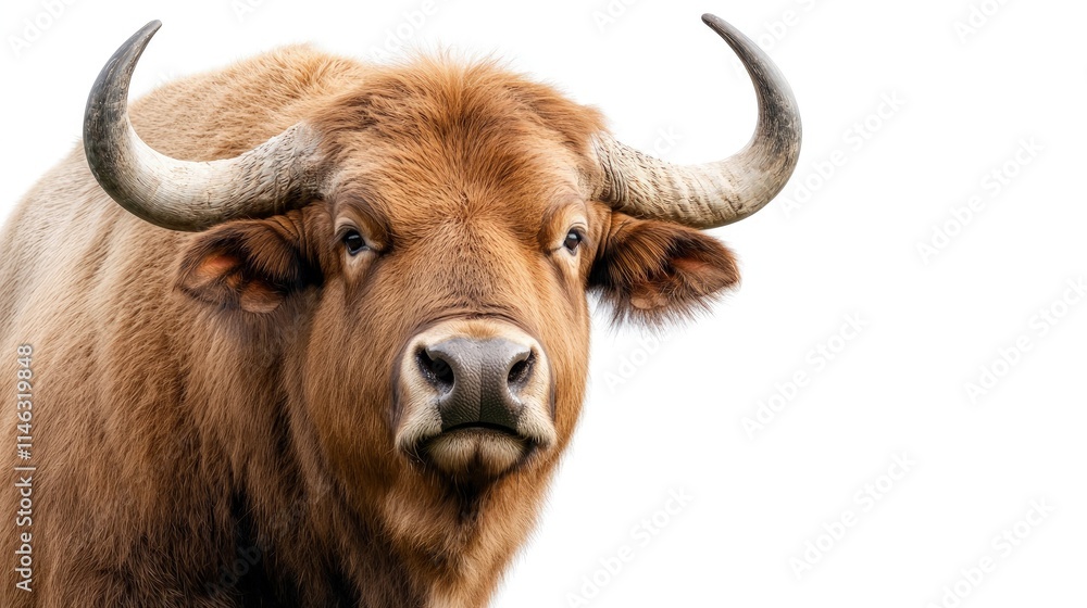 Close-up of a large brown bull with long horns against a white background. Close-up of a large brown bull with long horns against a white background.