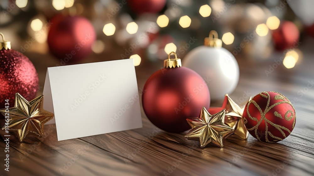 Fototapeta premium Christmas ornaments in front of a paper card.