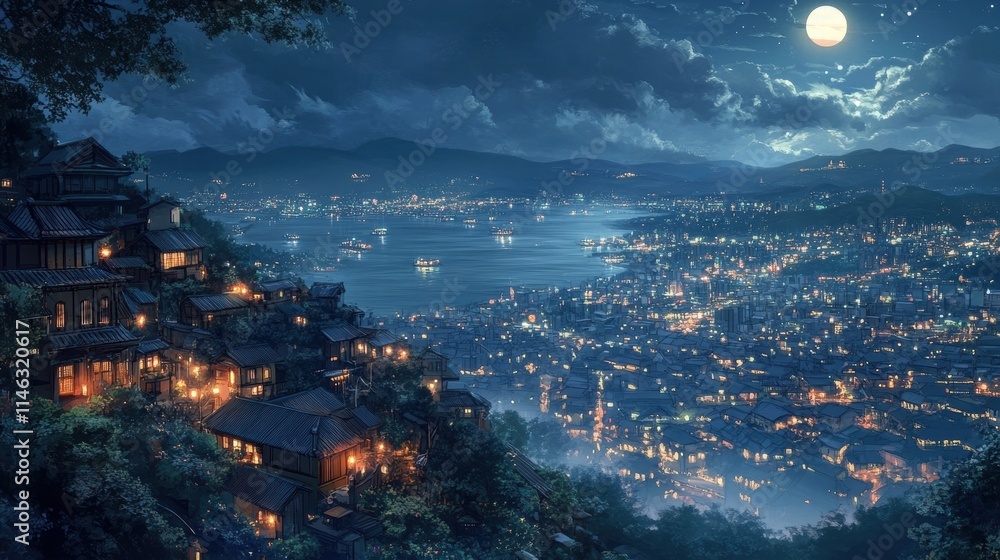 Fototapeta premium night cityscape hilltop village moonlit harbor asian architectur