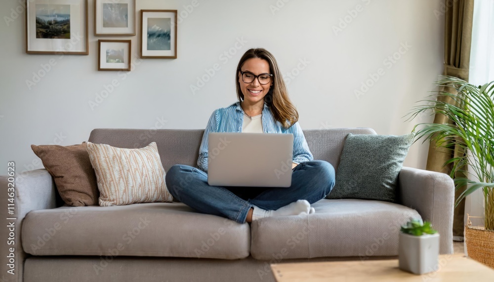Happy young woman working on laptop sitting on sofa in living room at home. Businesswoman in casuals working from home Happy young woman working on laptop sitting on sofa in living room at home. Businesswoman in casuals working from home