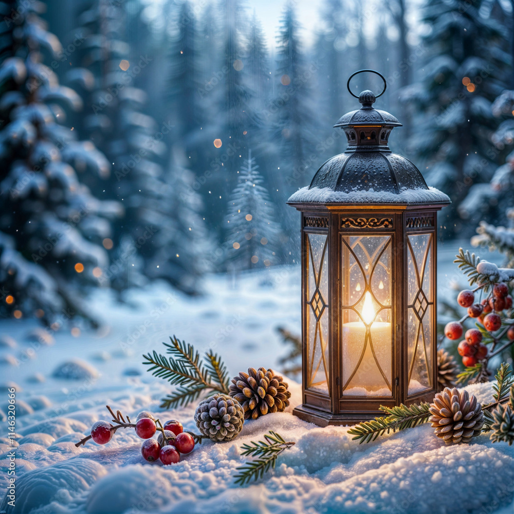 The image depicts a winter scene with a glowing lantern, pine cones, red berries, and a soft, snowy background with a blurred forest in the distance. The lantern emits a warm light, creating a cozy an The image depicts a winter scene with a glowing lantern, pine cones, red berries, and a soft, snowy background with a blurred forest in the distance. The lantern emits a warm light, creating a cozy an