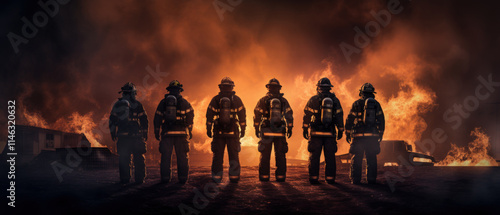 Six heroic firefighters stand united, silhouetted against a blazing inferno, symbolizing bravery, teamwork, and resilience in the face of danger during an intense firefighting operation