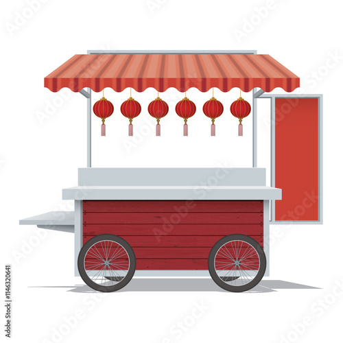 Street shop cart mock up isolated made from wooden and stainless with Chinese style decoration graphic illustration have blank space for place the products presentation and blank signboard.