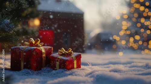 Christmas presents on a snowy background