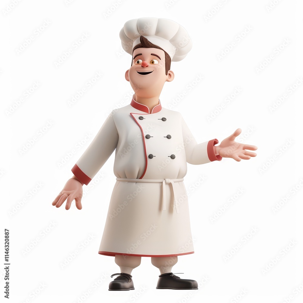 A smiling cartoon chef in a white chef's uniform with red accents, wearing a white chef's hat and black shoes, standing with his arms outstretched. A smiling cartoon chef in a white chef's uniform with red accents, wearing a white chef's hat and black shoes, standing with his arms outstretched.