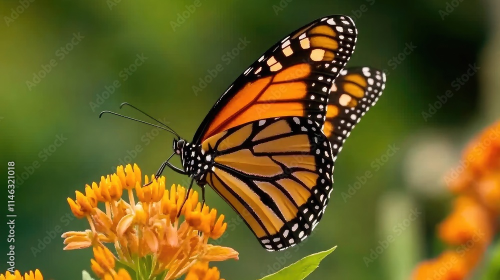 Obraz premium Majestic Monarch Butterfly Perched on Vibrant Orange Flowers Against a Lush Green Background, Capturing the Beauty of Nature in Springtime