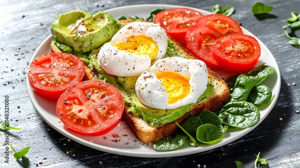 Delicious avocado toast with poached eggs, tomatoes, and spinach. Delicious avocado toast with poached eggs, tomatoes, and spinach.
