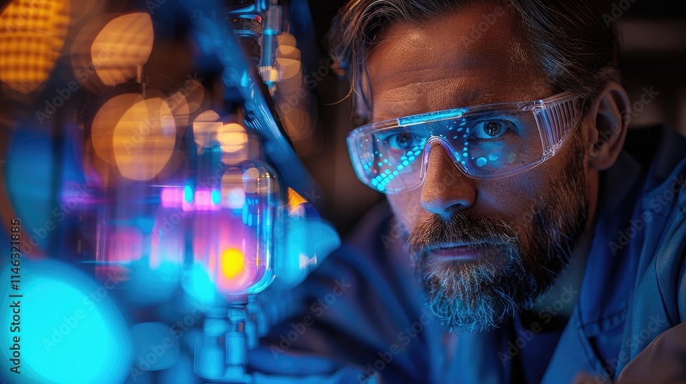 A bearded scientist examines glowing laboratory equipment A bearded scientist examines glowing laboratory equipment
