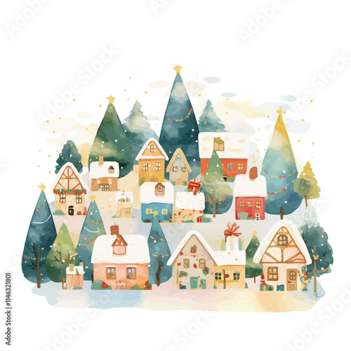 watercolor Christmas snowy village decor painting isolated on a white background, vector flat watercolor design painting, Christmas tree and snow photo