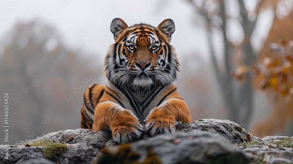 Obraz premium Majestic tiger rests on a rock, gazing intently. The muted autumnal colors create a serene atmosphere.