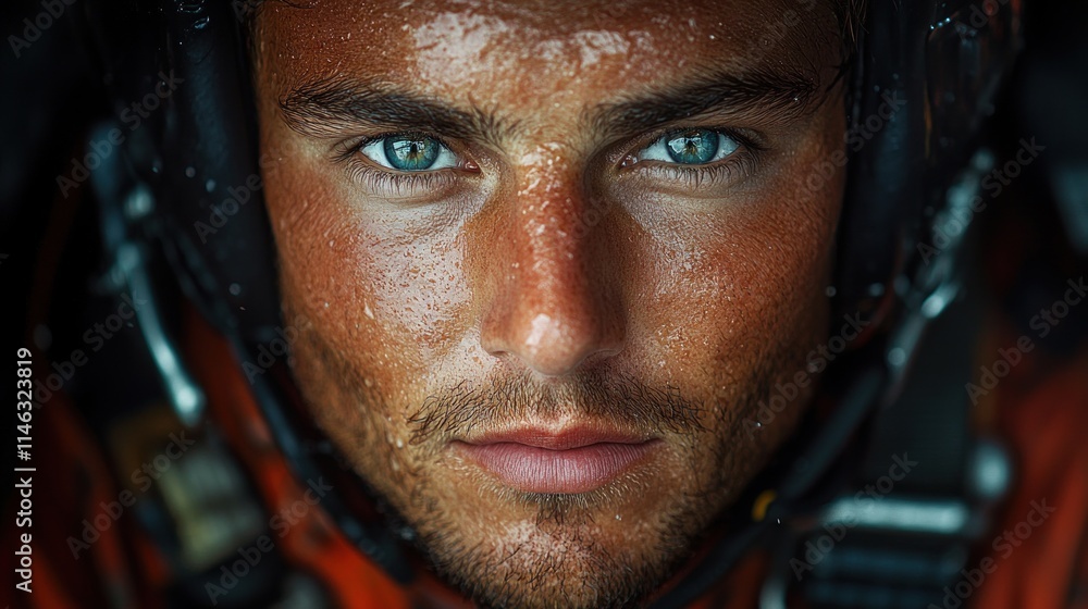 A close-up of a determined astronaut with striking blue eyes and a sweat-drenched face. A close-up of a determined astronaut with striking blue eyes and a sweat-drenched face.