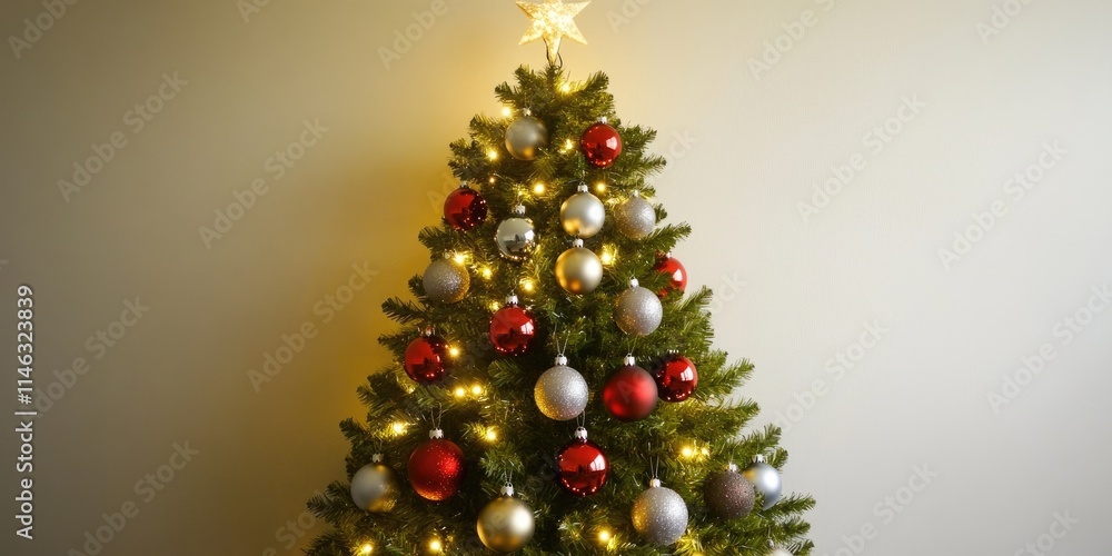 A decorated Christmas tree with red and silver ornaments and a star on top, glowing with lights. A decorated Christmas tree with red and silver ornaments and a star on top, glowing with lights.