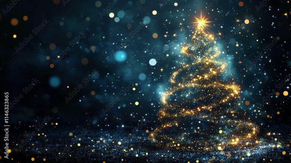 Naklejka premium Magical Christmas Tree Sparkling with Golden Lights and Glittering Ornaments Against a Starry Night Background for Holiday Celebrations and Festive Decor