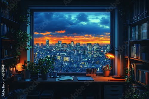 Cozy Study Nook with a Cityscape Sunset View photo