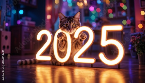 neon icon 2025 with a cute cat, stunning bokeh background