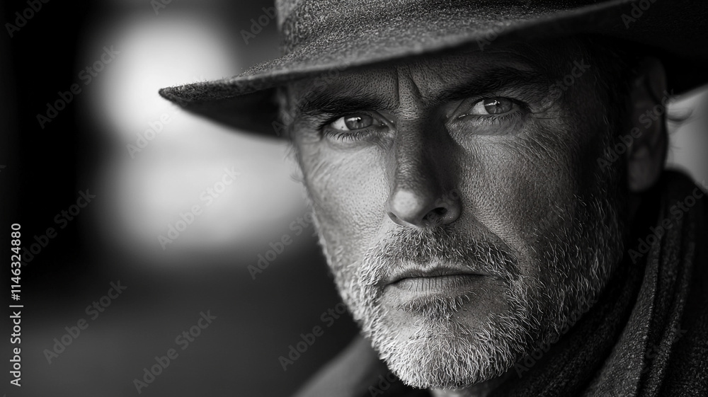 Mature Man Black and White Portrait Serious Expression Hat Mature Man Black and White Portrait Serious Expression Hat