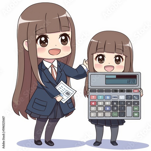 Two cute cartoon girls in business attire, one holding a calculator and the other holding a document. photo