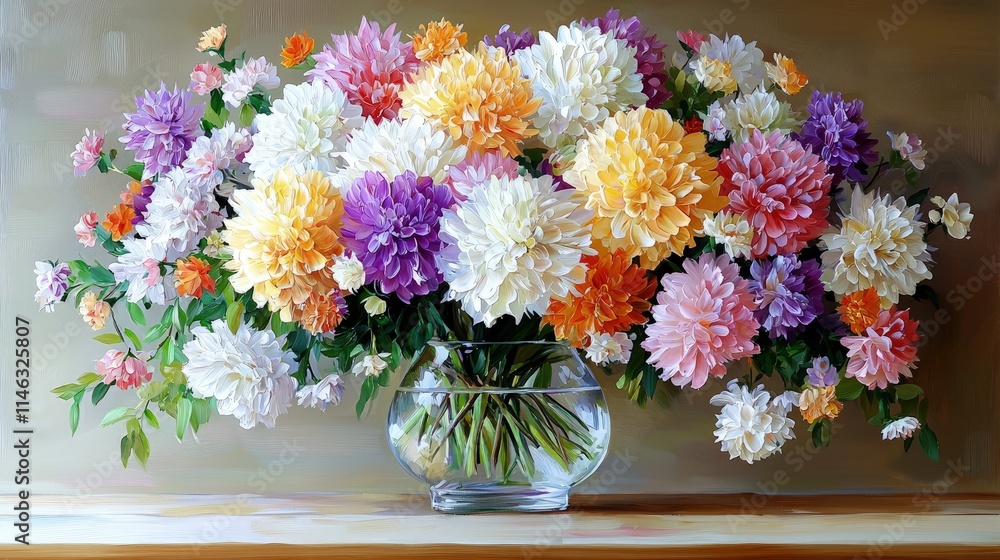 Vibrant dahlia bouquet in a glass vase on a wooden surface. Vibrant dahlia bouquet in a glass vase on a wooden surface.