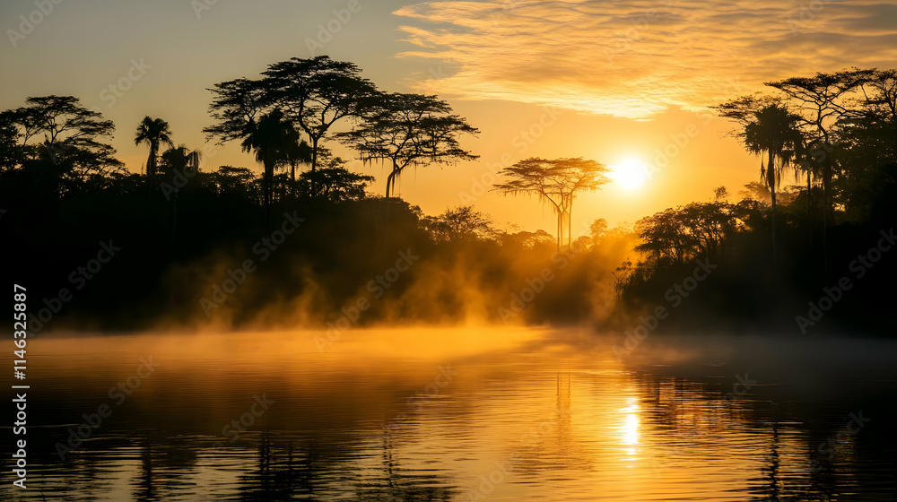 Obraz premium Golden Sunrise Over Misty Lake Landscape Illustration