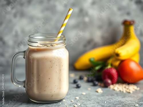 Vegan Protein Oats Banana Milkshake Jar - Healthy Sporty Lifestyle Closeup photo