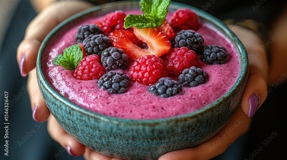A vibrant smoothie bowl topped with fresh berries and mint, perfect for a healthy snack. A vibrant smoothie bowl topped with fresh berries and mint, perfect for a healthy snack.