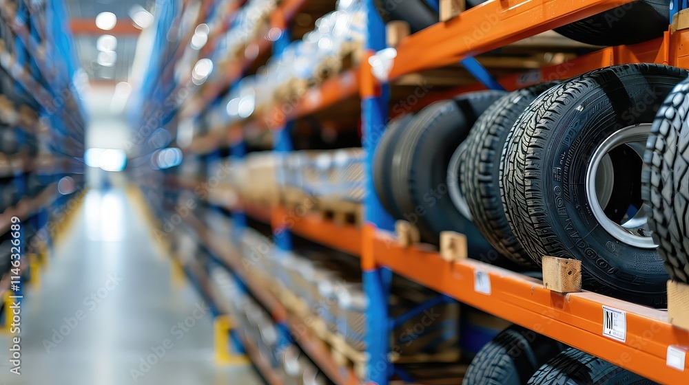 Fototapeta premium Car tires on shelves in warehouse or distribution warehouse. Blurred background.
