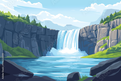 Waterfall in a national park in the United States or Canada. Beautiful landscape. Vector illustration.