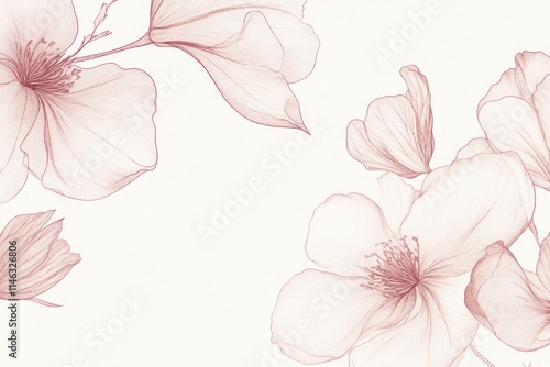 Delicate blush pink floral sketch, blossom line art, botanical illustration on white background.