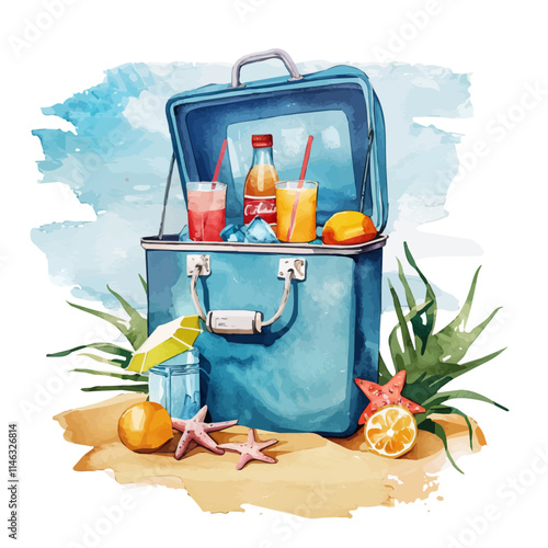 A watercolor of a beachside cooler filled with drinks, isolated on a white background. Cooler vector.
