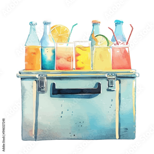 A watercolor of a beachside cooler filled with drinks, isolated on a white background. Cooler vector.
