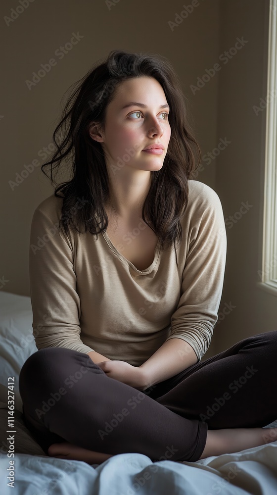Contemplative woman indoor space portrait photography soft lighting side view Contemplative woman indoor space portrait photography soft lighting side view