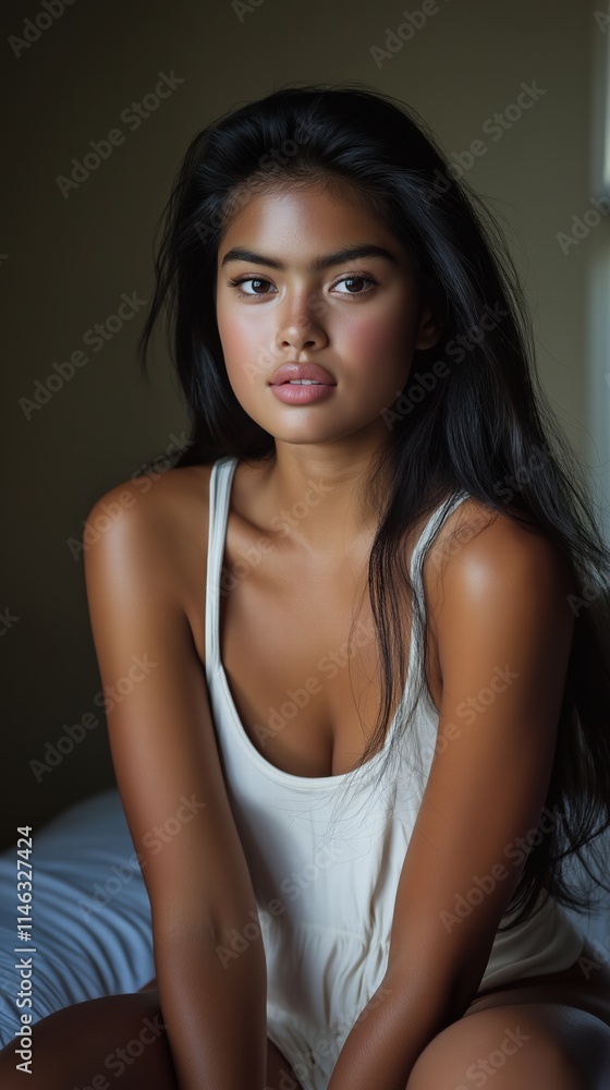 Fototapeta premium Portrait of a young woman indoor setting lifestyle image natural light