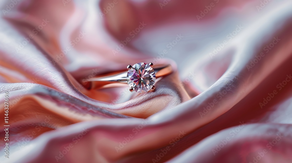 Obraz premium The wedding diamond ring is placed on a pink gold cloth